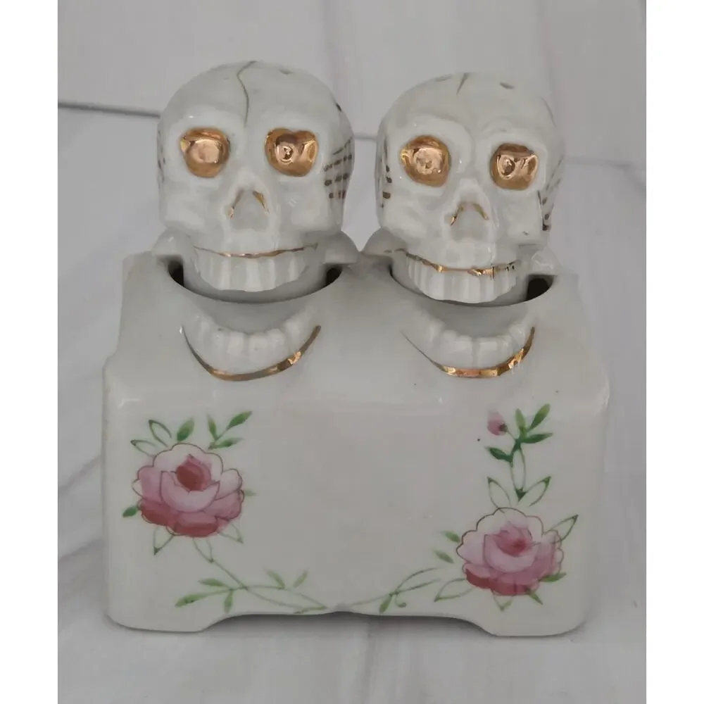 1950s Empress Japan Nodding Skull Salt & Pepper Shakers w/ Base